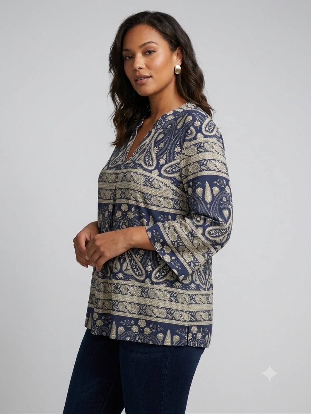 Weekend Suzanne Betro Paisley Bell Sleeve Tunic Top M Boho